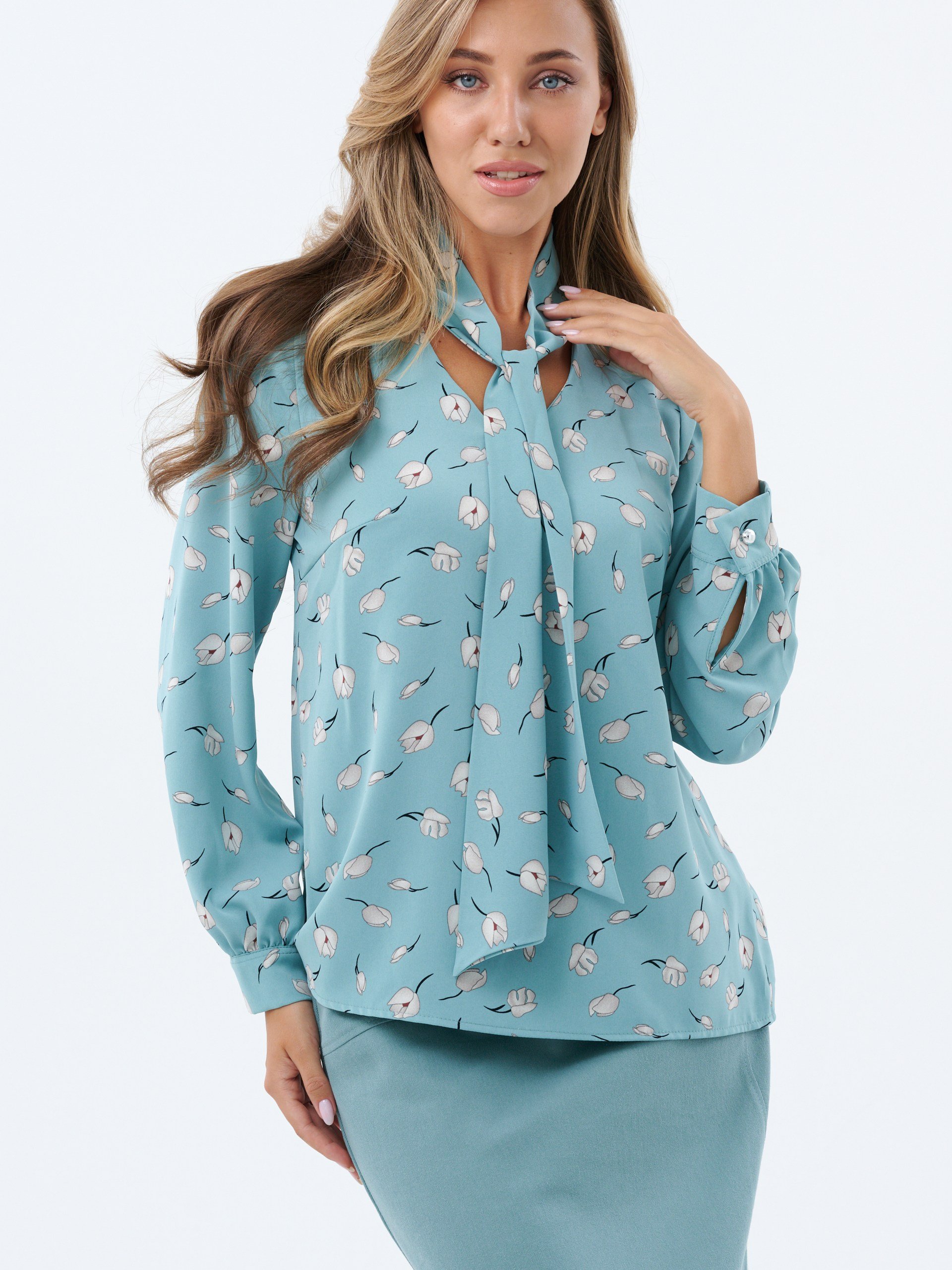 Блузка с завязкой - галстуком бирюза Блузка с завязкой - галстуком бирюза