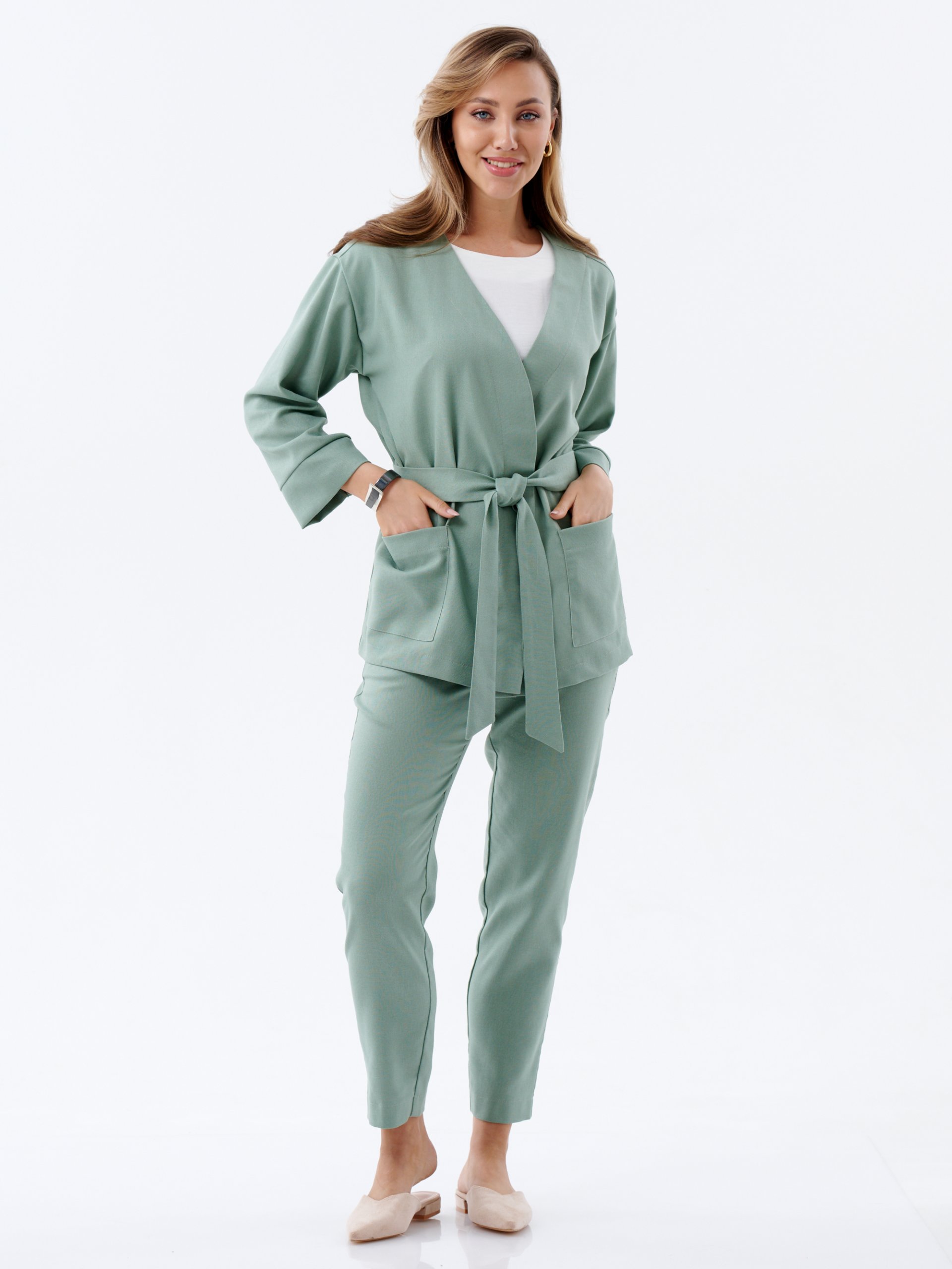 Жакет с поясом оливковый  Жакет с поясом оливковый